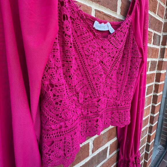 Willow + Root Crochet Cropped Top LG Fuchsia Smocked Sheer Poet Sleeves Romantic - Picture 3 of 10